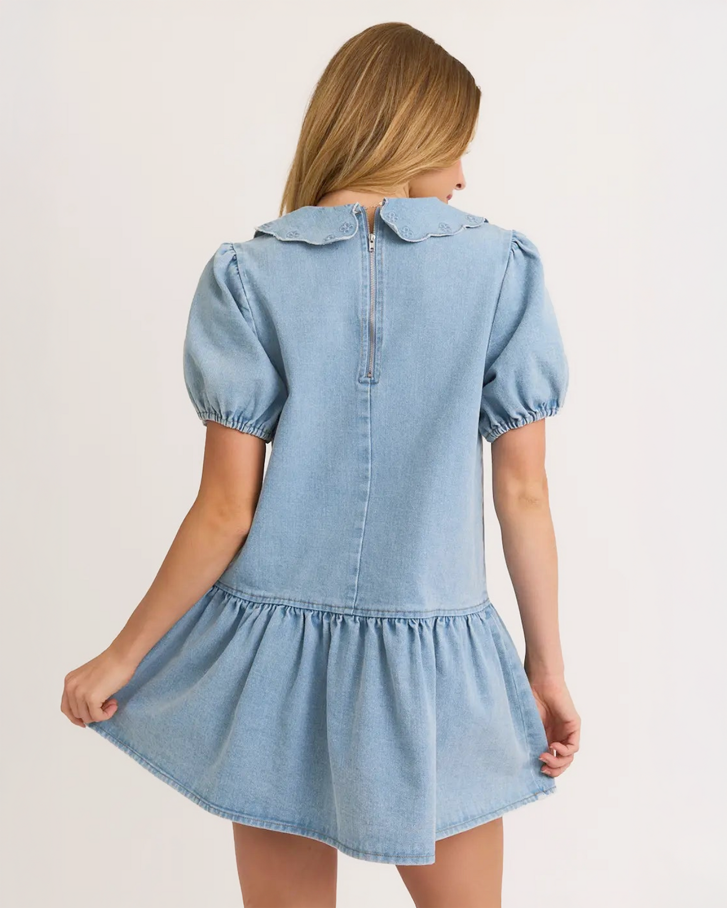 Dolly Puff Sleeve Collared Denim Dress