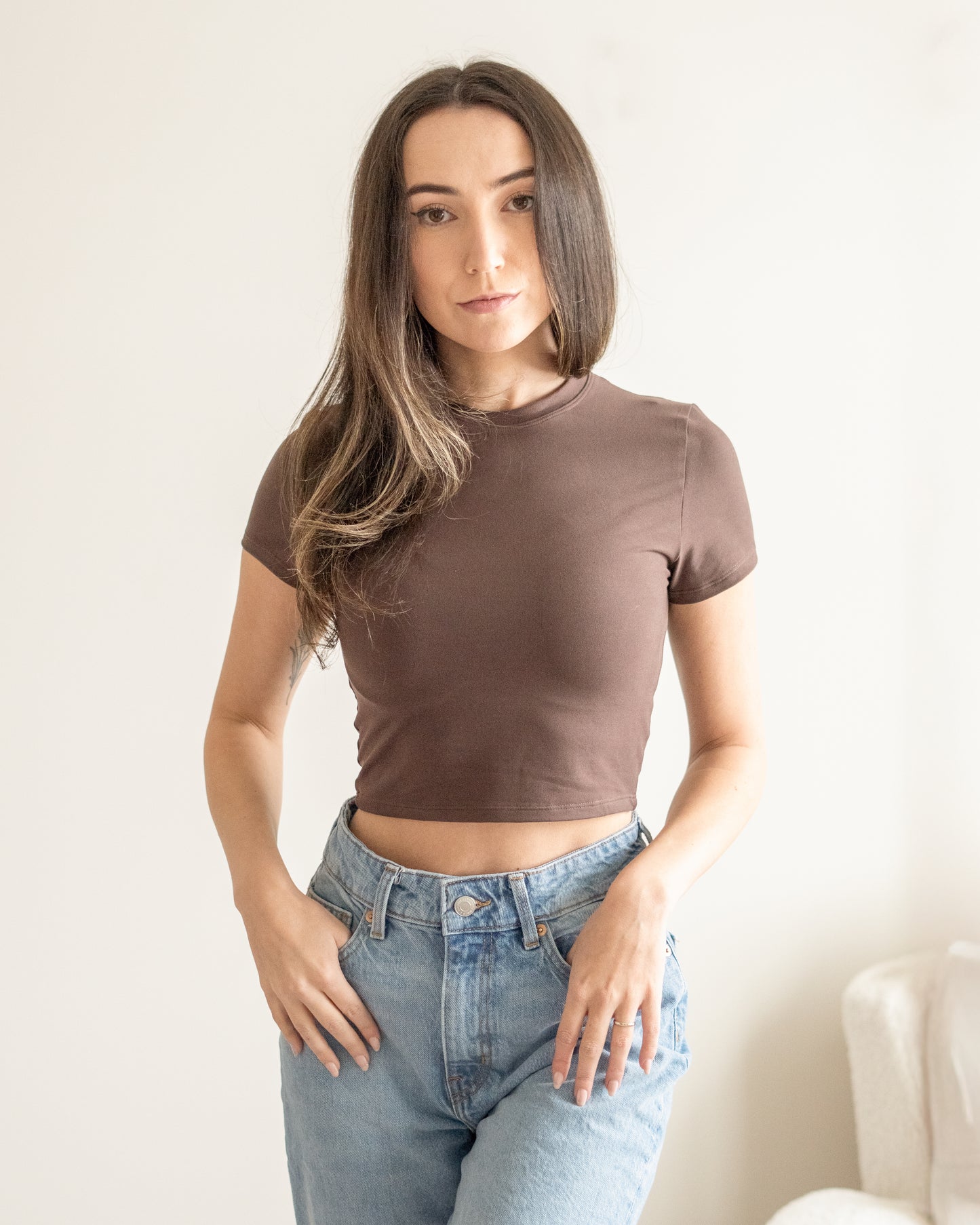 Lyra Soft Knit Jersey Crewneck in Chocolate