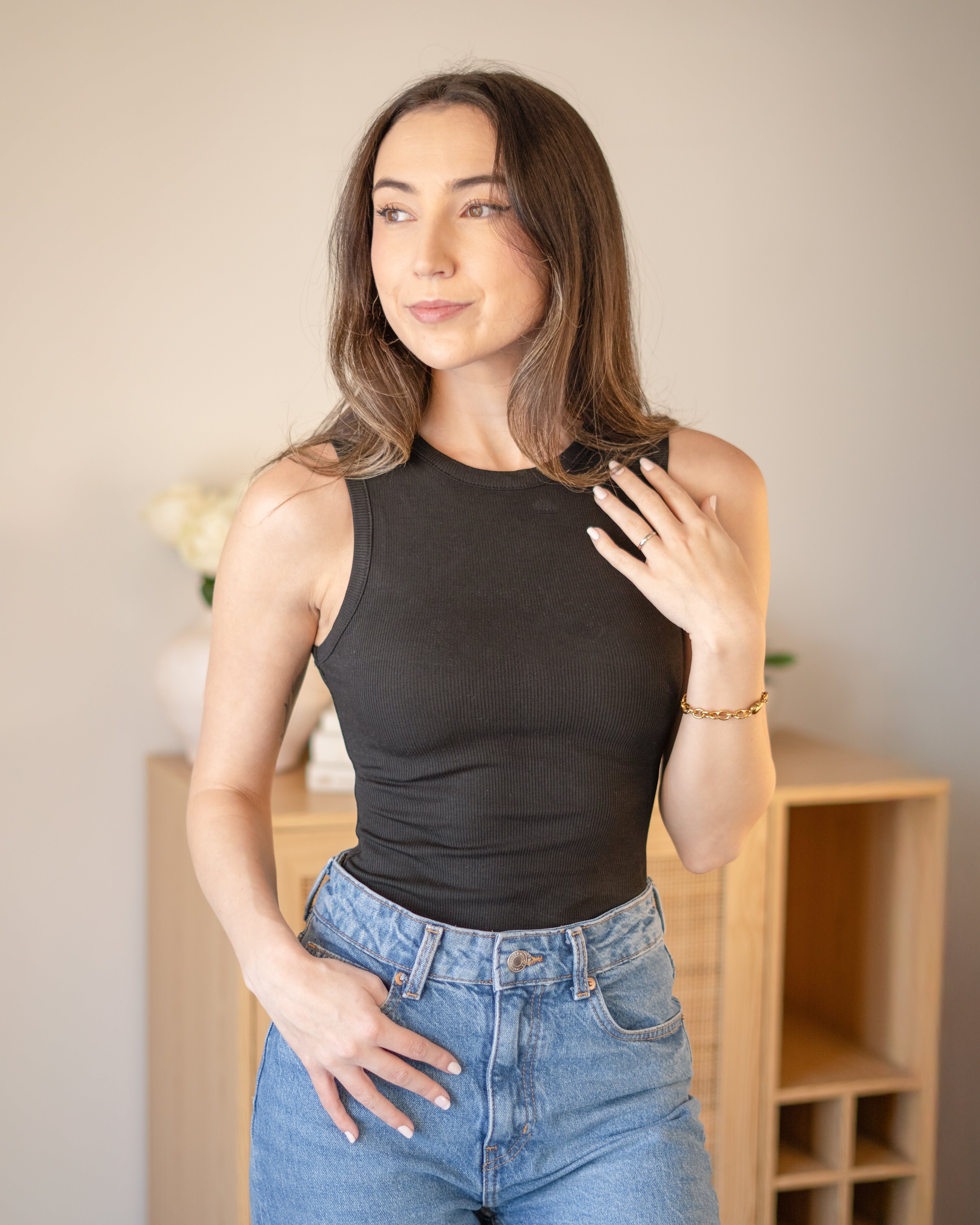 Alexandra Round Neck Sleeveless Bodysuit in Black