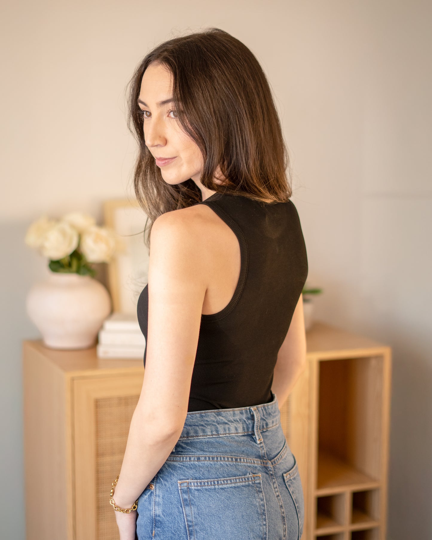 Alexandra Round Neck Sleeveless Bodysuit in Black