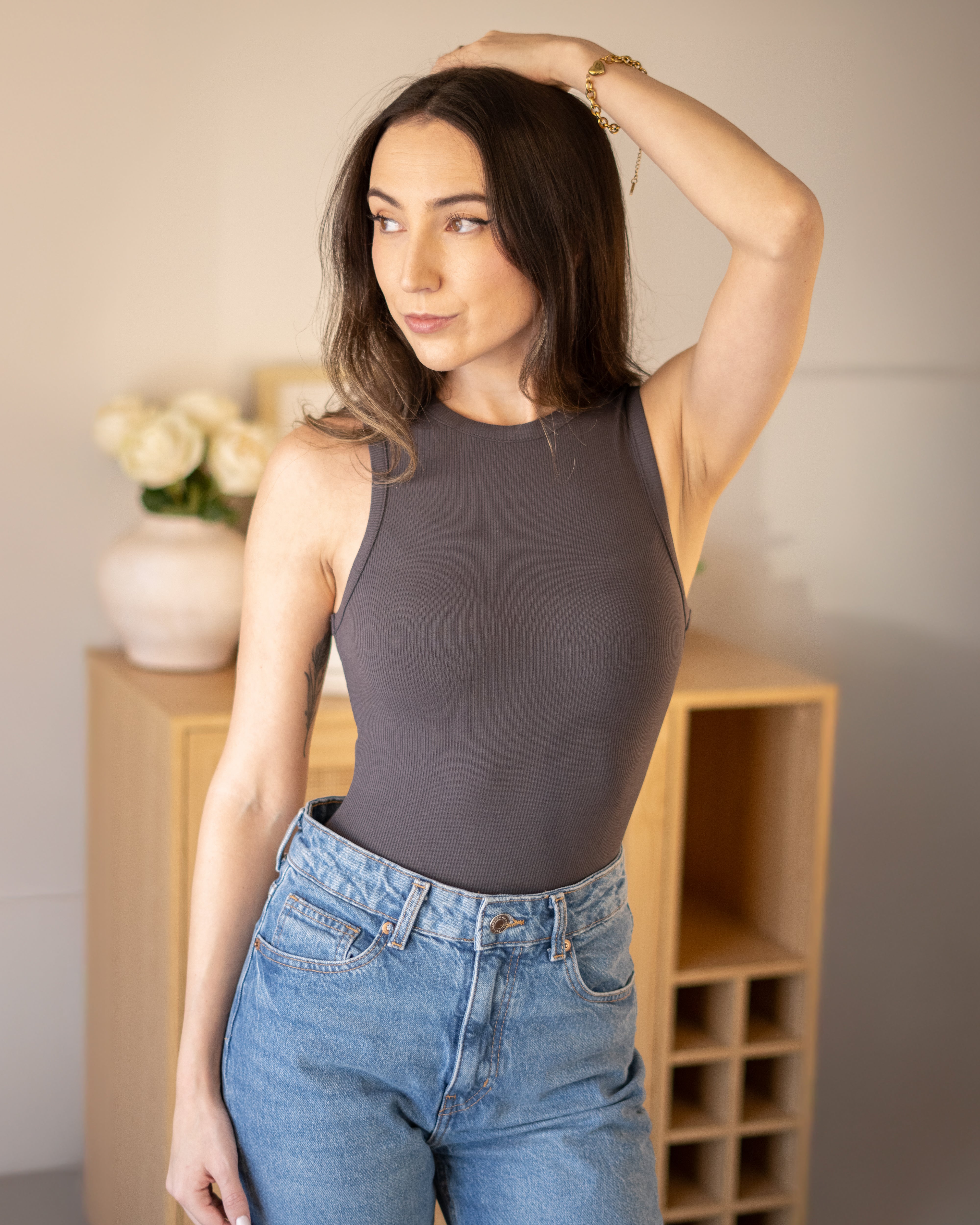 Alexandra Round Neck Sleeveless Bodysuit in Dark Charcoal