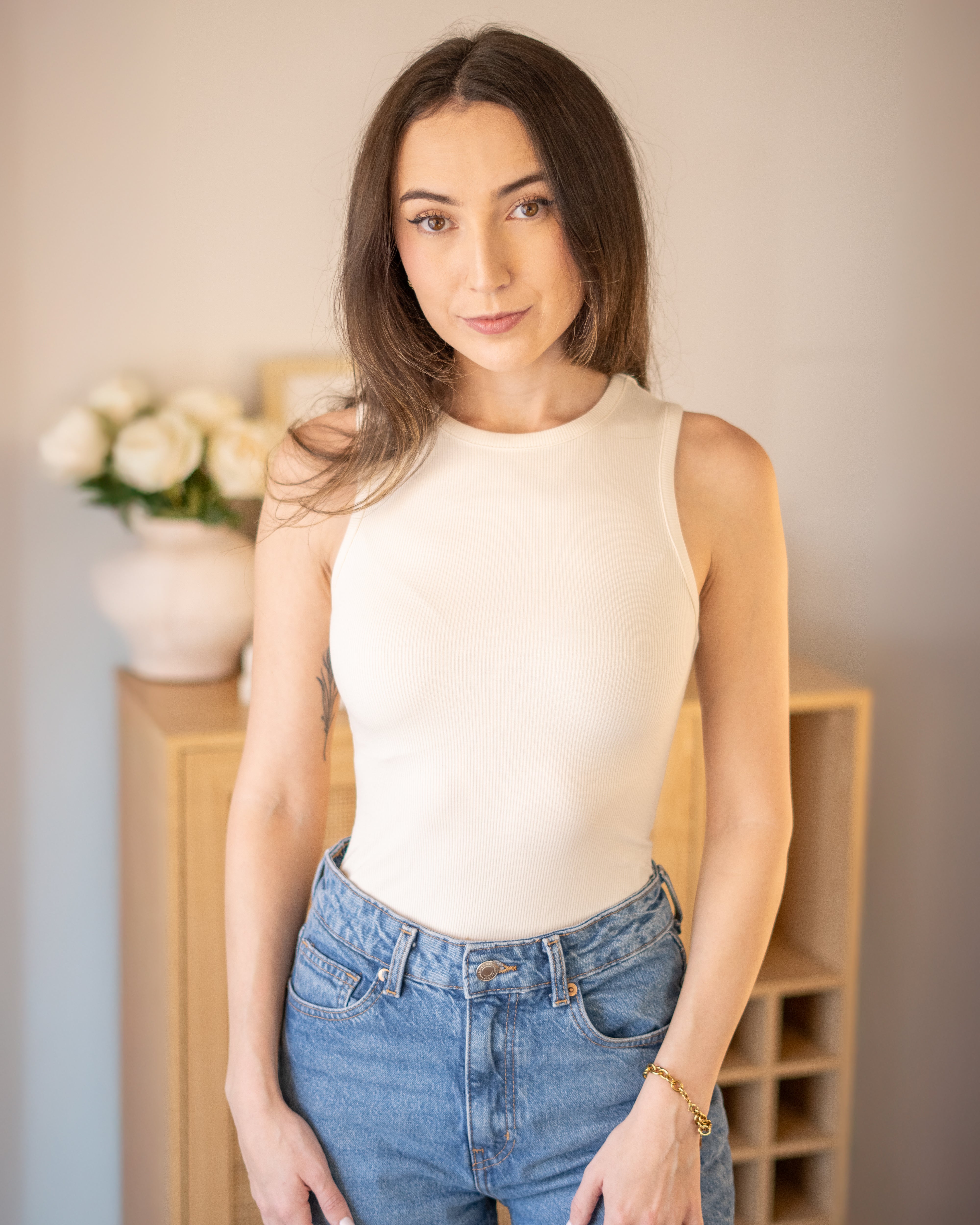 Alexandra Round Neck Sleeveless Bodysuit in Oat