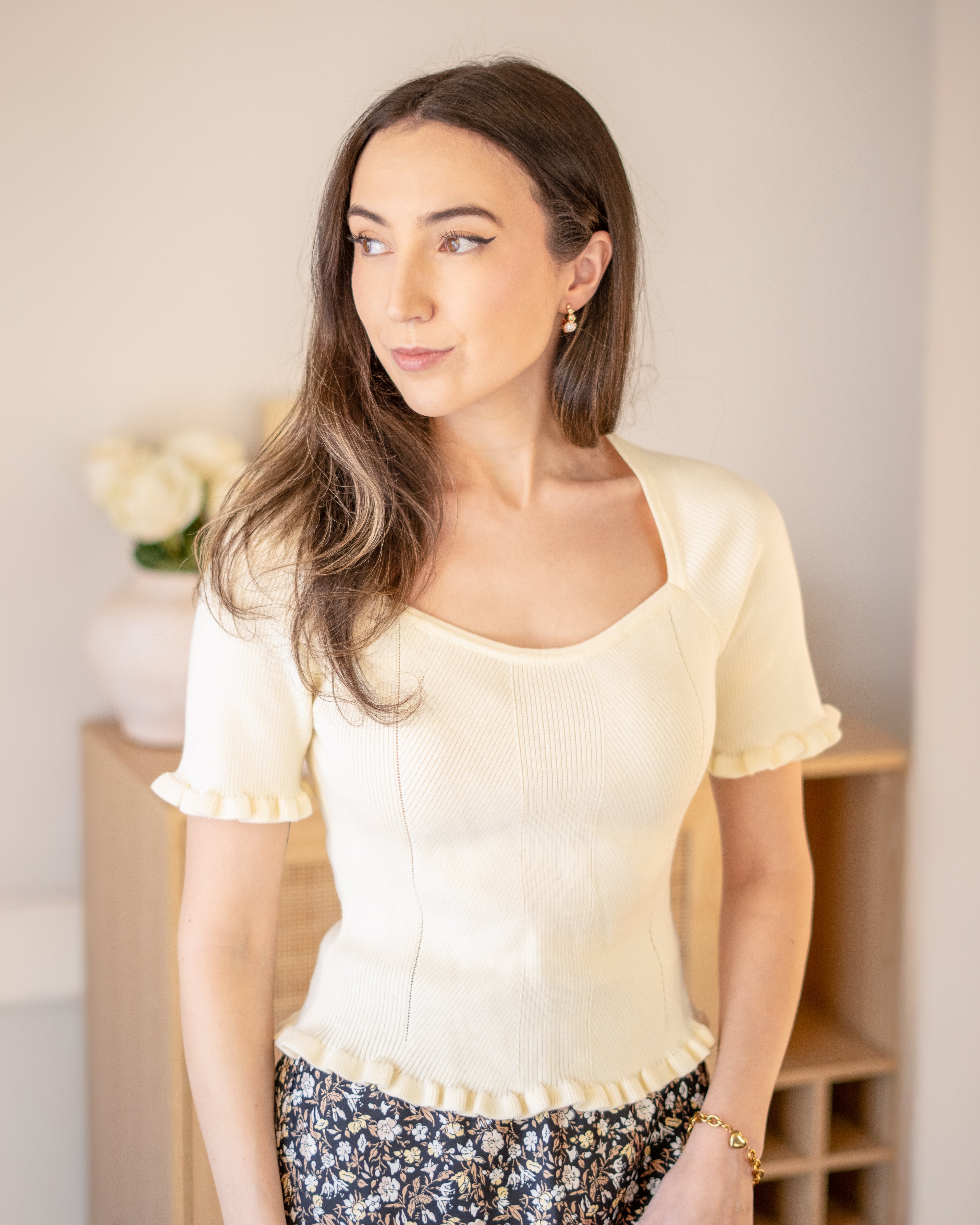 Elan Square Neck Half Sleeve Ruffle Ribbed Top in Buttercream