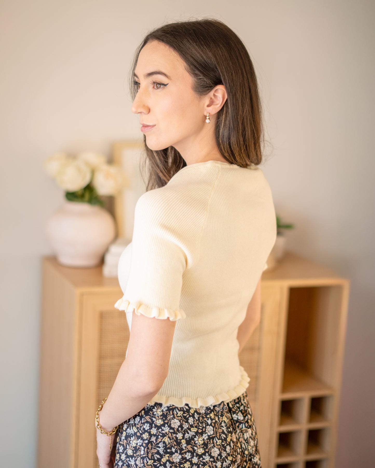 Elan Square Neck Half Sleeve Ruffle Ribbed Top in Buttercream