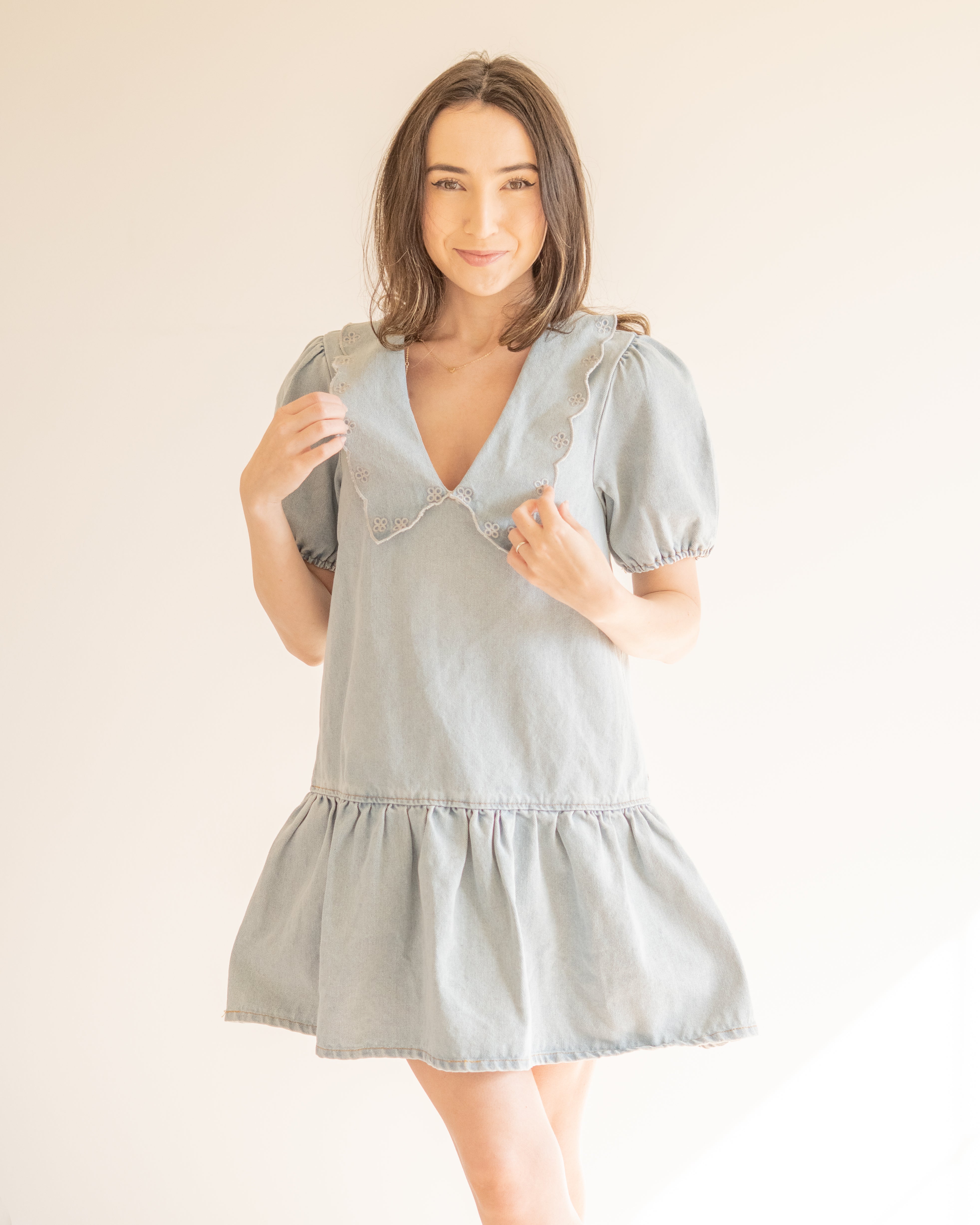 Dolly Puff Sleeve Collared Denim Dress