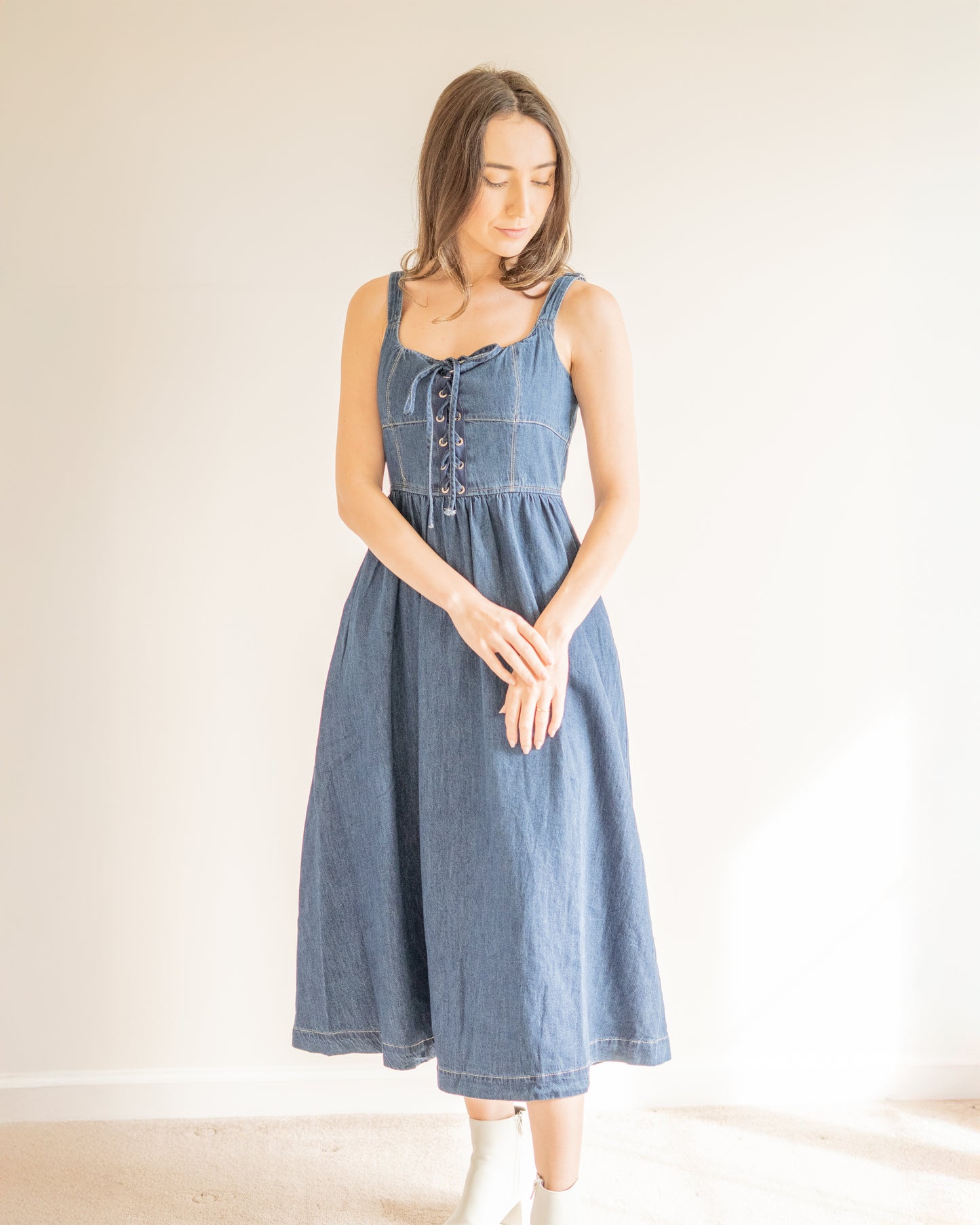 Sunbeam Serenade Lace-Up Sleeveless Denim Midi Dress