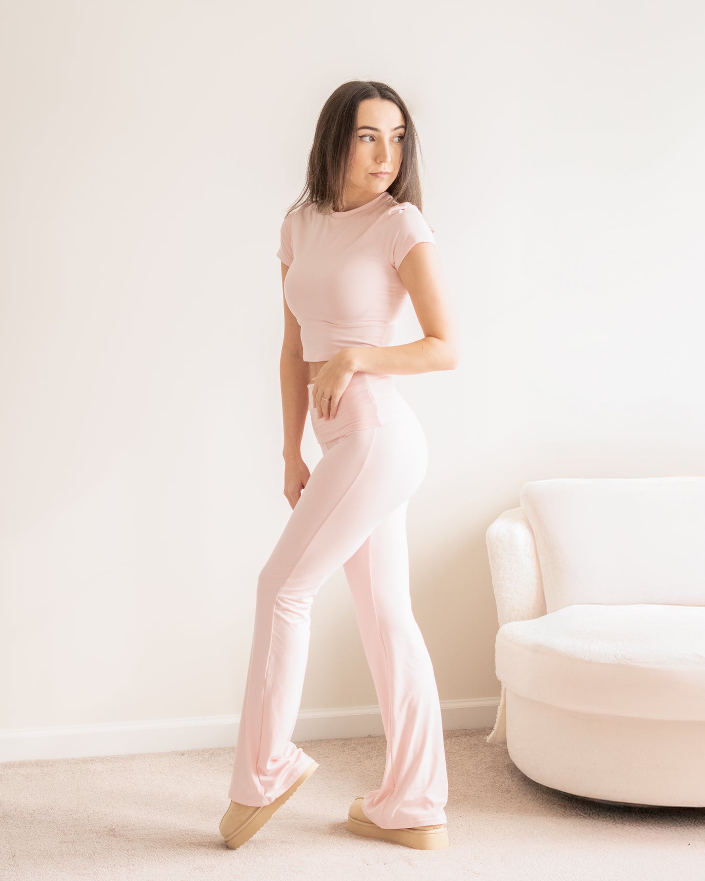 Lyra Soft Knit Foldover Flare Pants in Ballerina