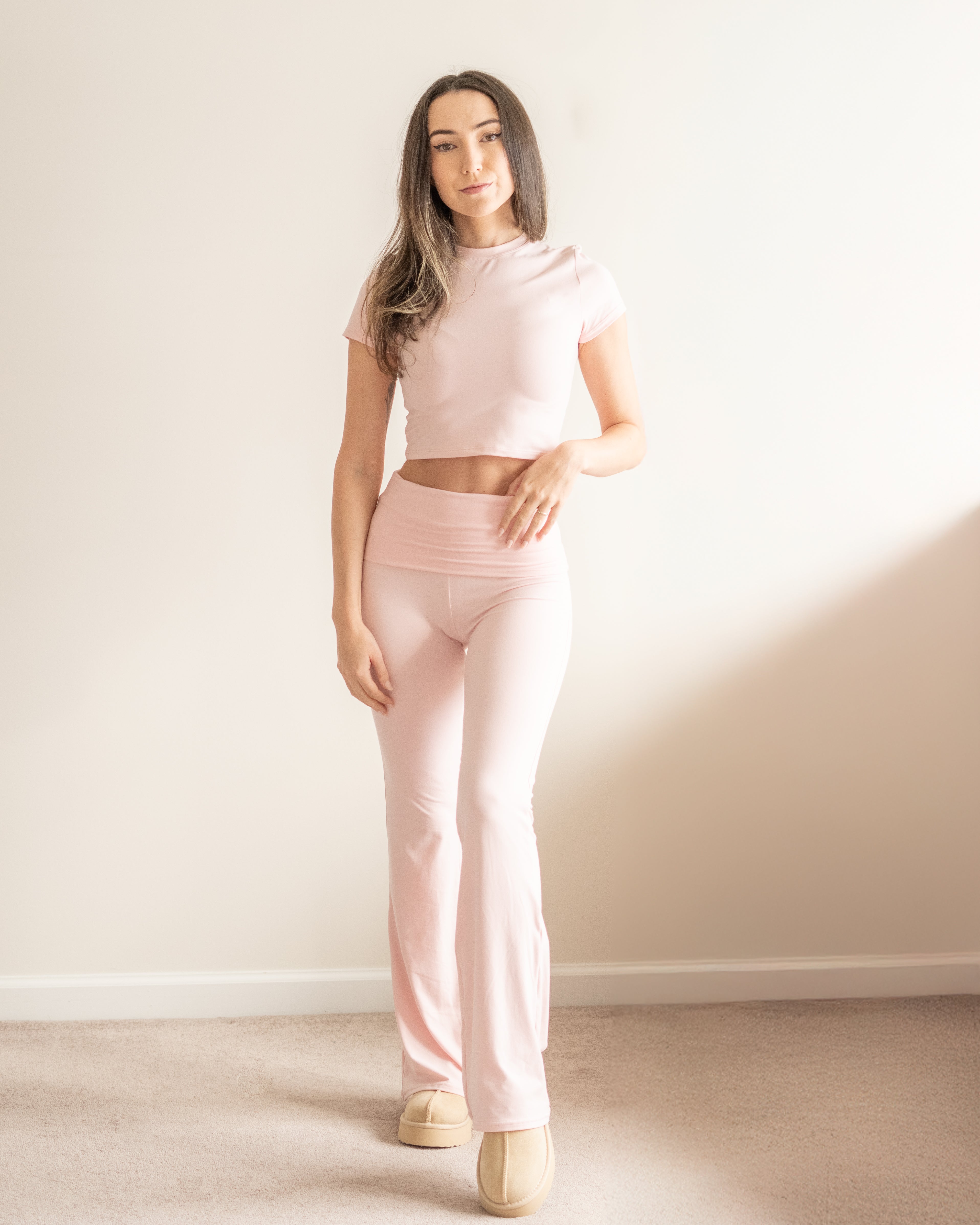 Lyra Soft Knit Foldover Flare Pants in Ballerina