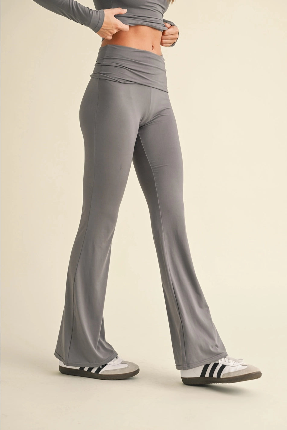 Lyra Soft Knit Foldover Flare Pants in Charcoal