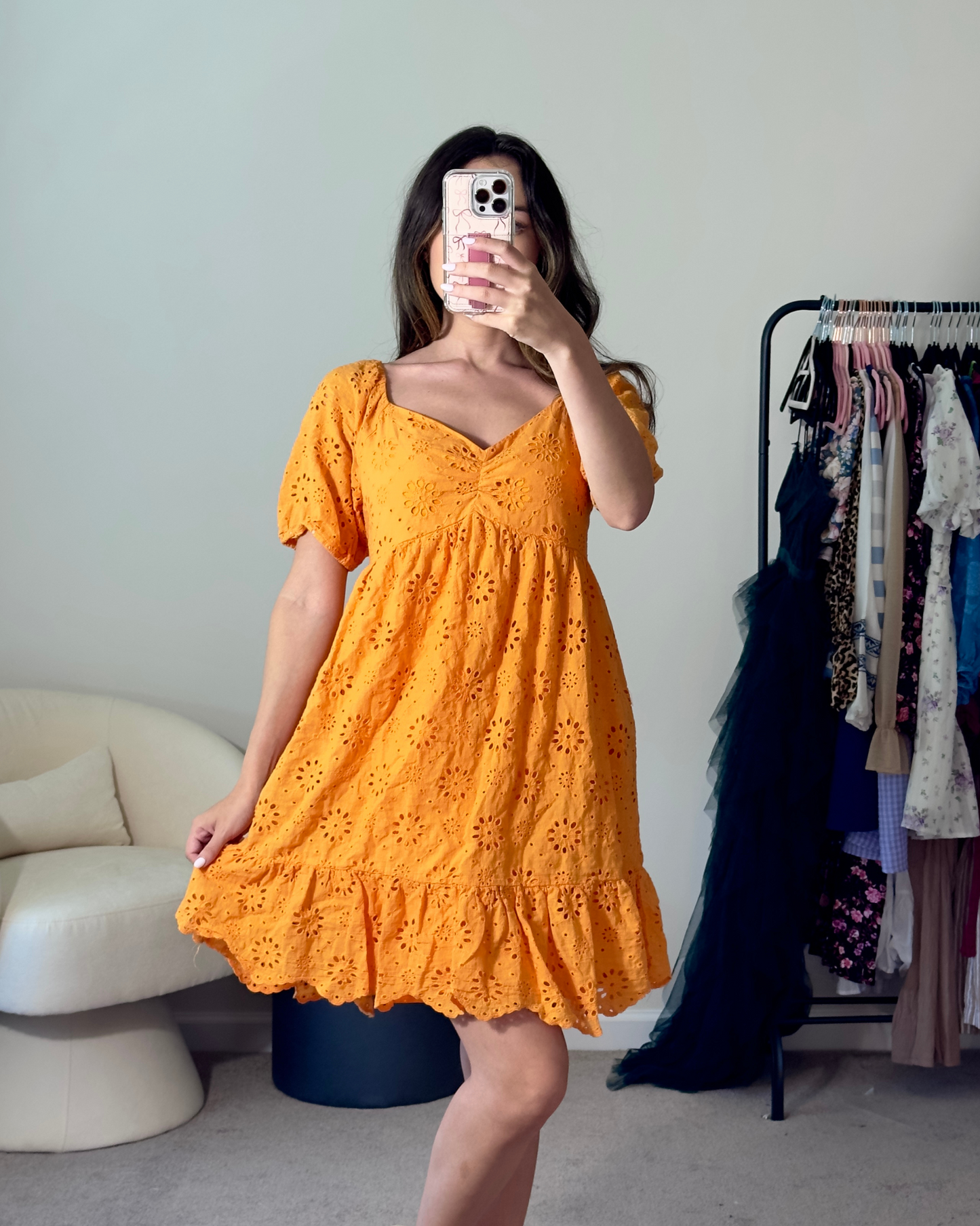 m | boutique orange eyelet puff sleeve dress