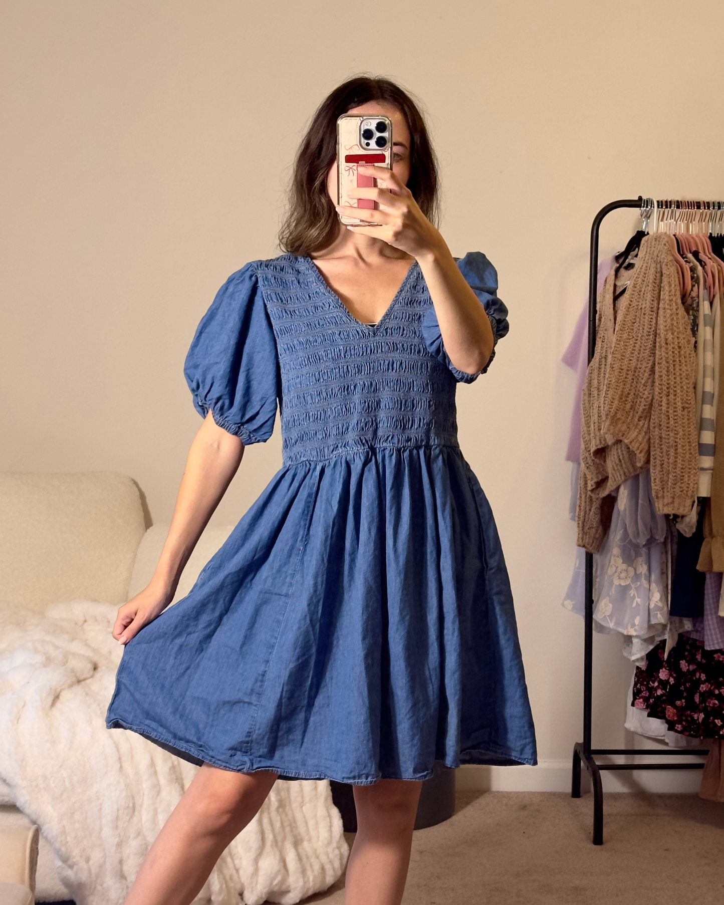 l | denim puff sleeve smocked bust dress with pockets