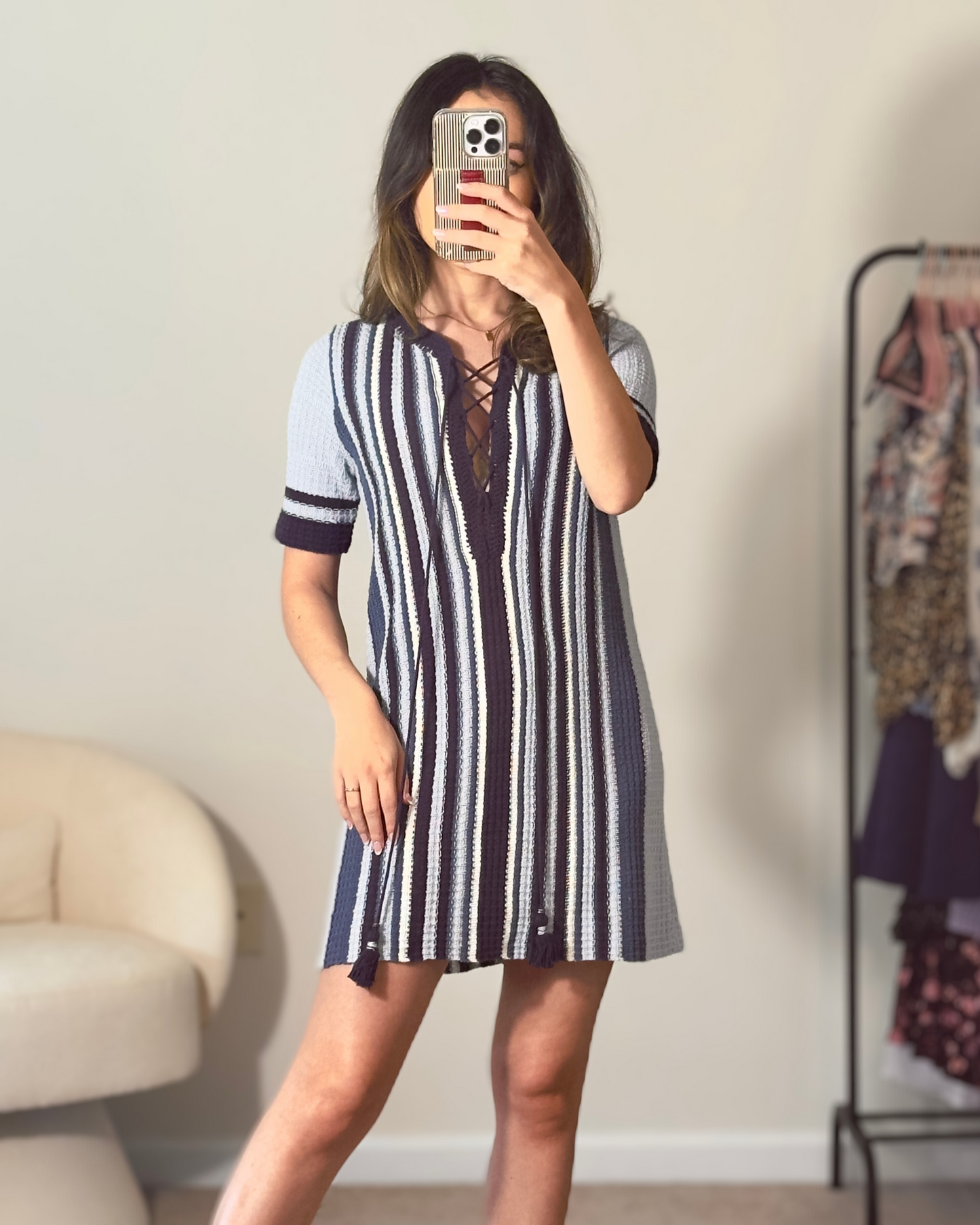 s | free people lace up striped mini dress with tassels