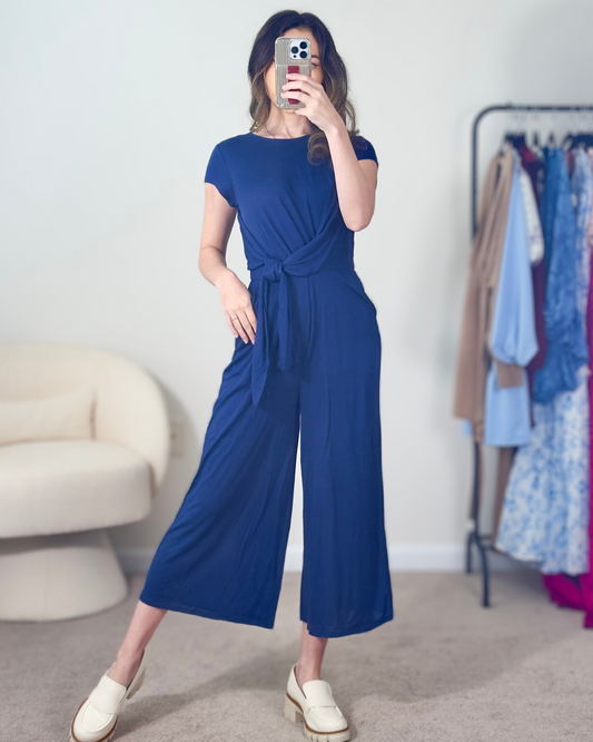 s, m, l | new with tags francesca's navy belted waist jumpsuit