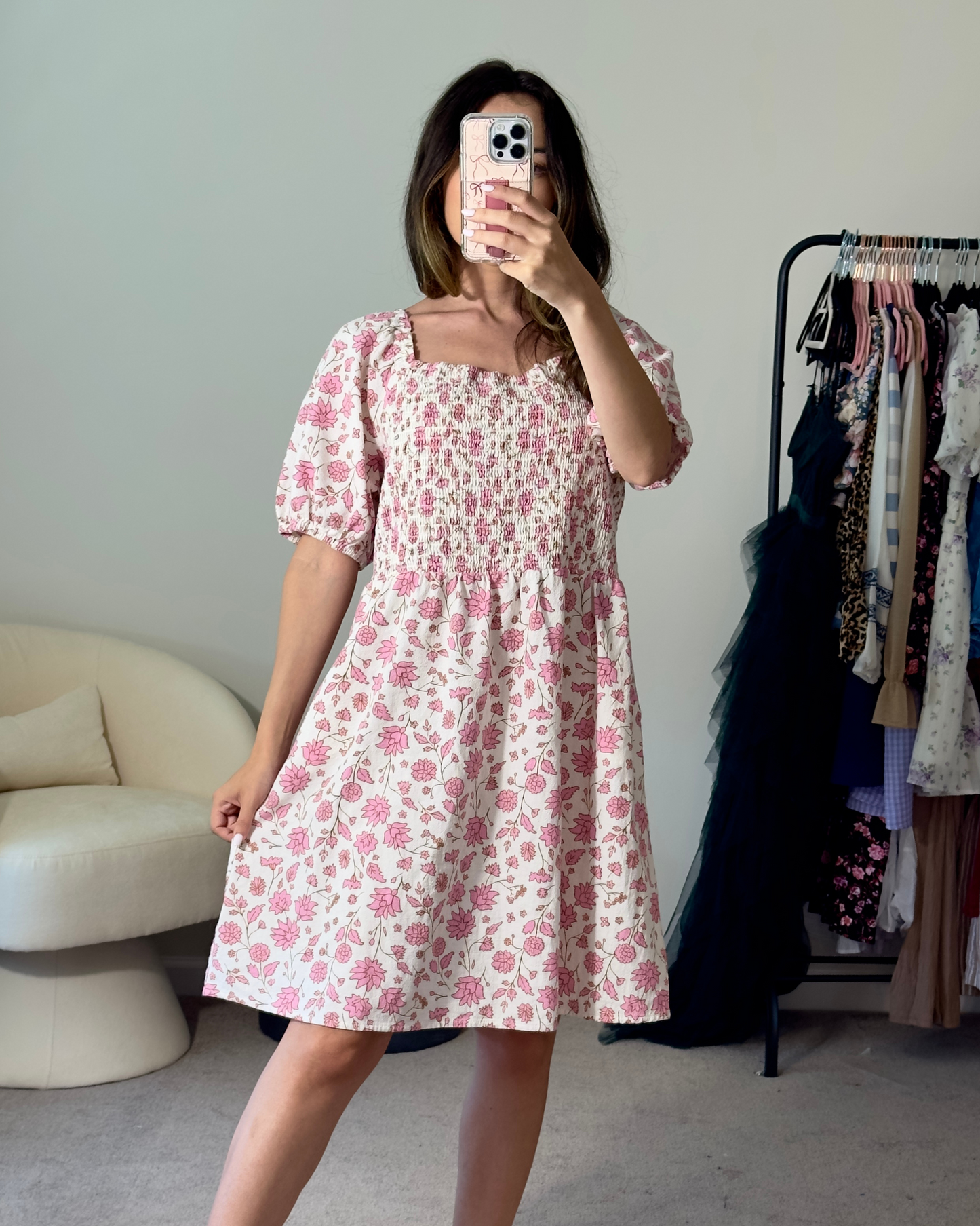 l | universal thread smocked pink floral puff sleeve dress