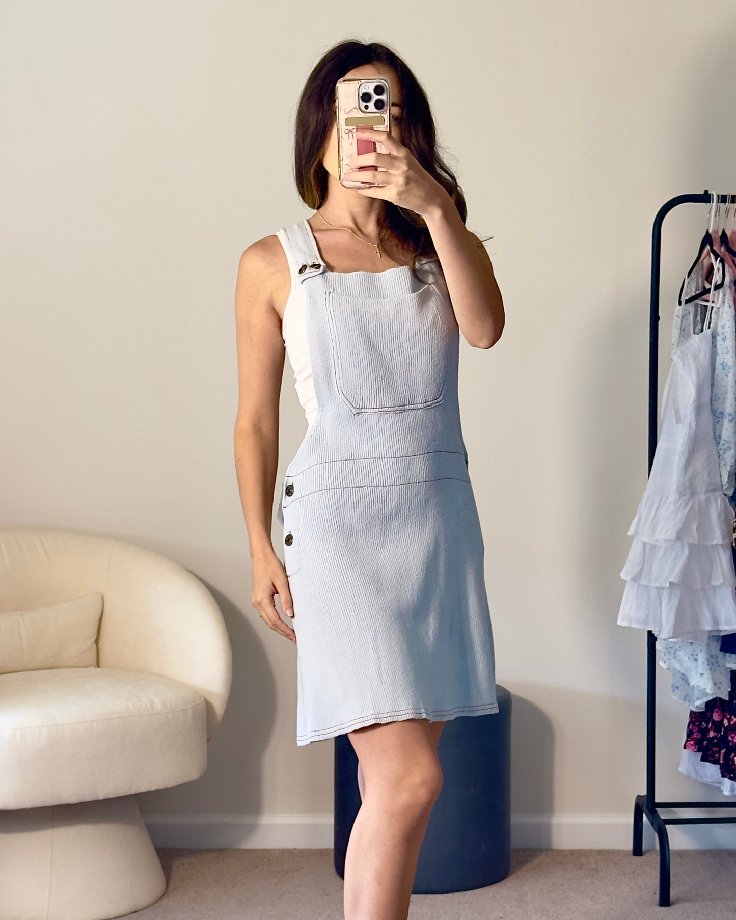 m | zara knit overall dress in baby blue