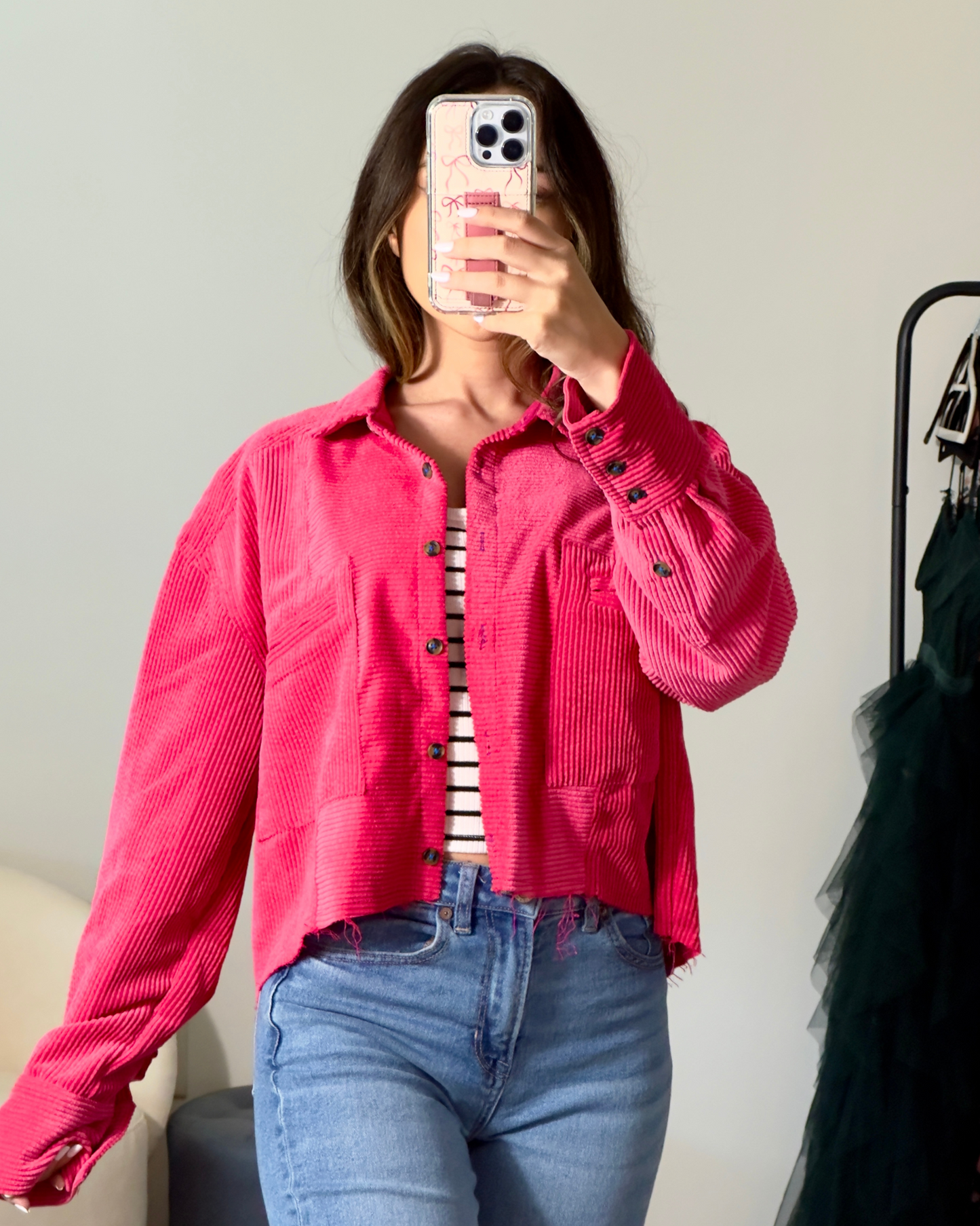 m | urban outfitters drop shoulder cropped hot pink corduroy shacket