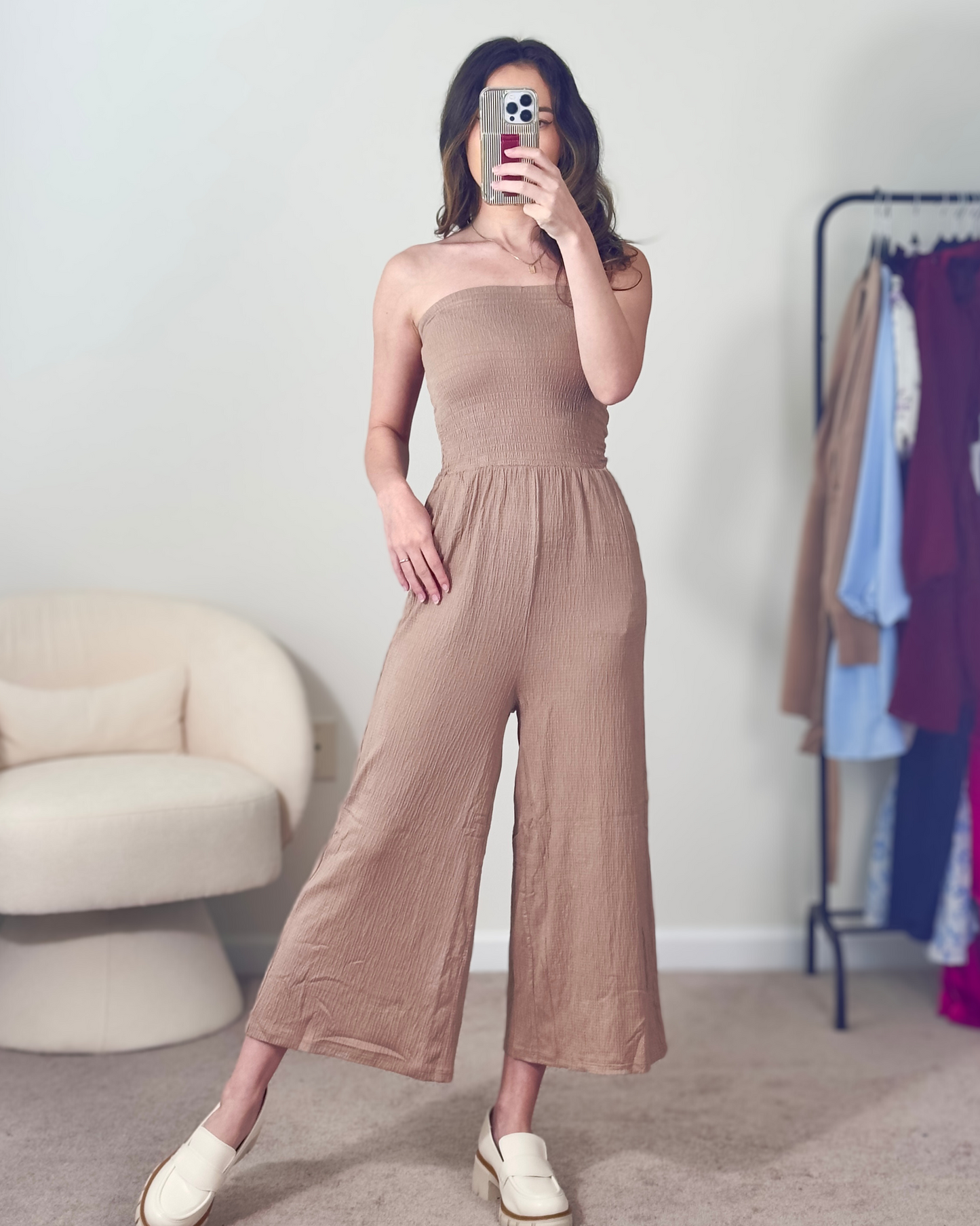 s | new boutique camel smocked jumpsuit with flare legs