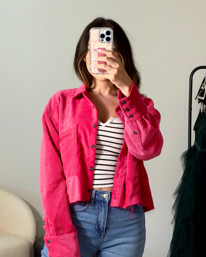 m | urban outfitters drop shoulder cropped hot pink corduroy shacket