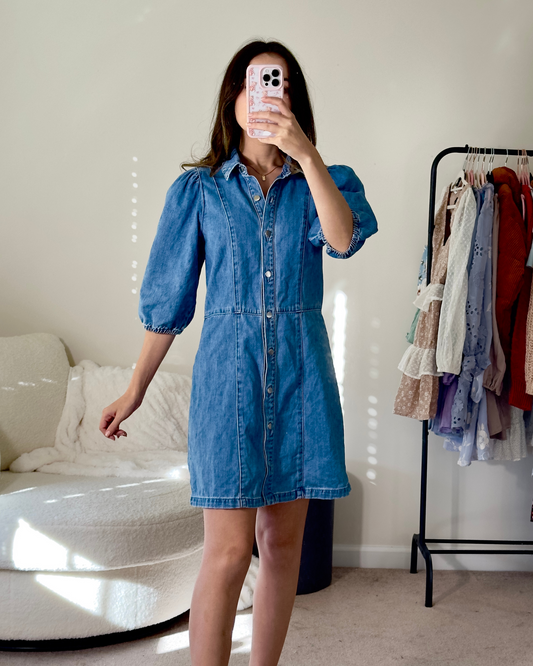 s | h&m denim puff sleeve mini dress