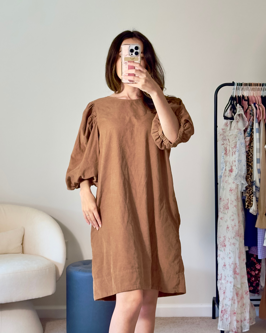 l | boutique corduroy puff sleeve dress with pockets