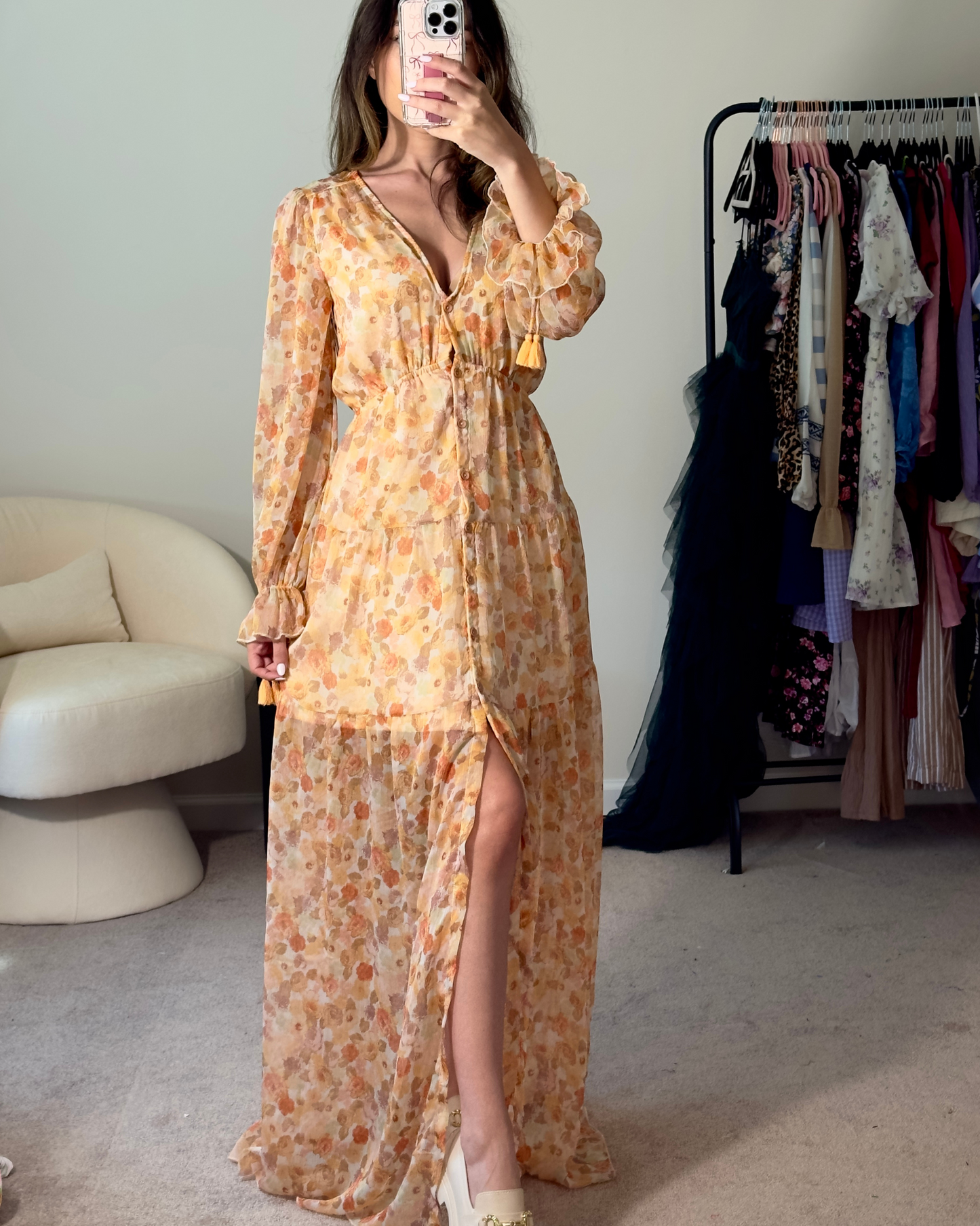 s | boutique floral semi sheer sleeved maxi