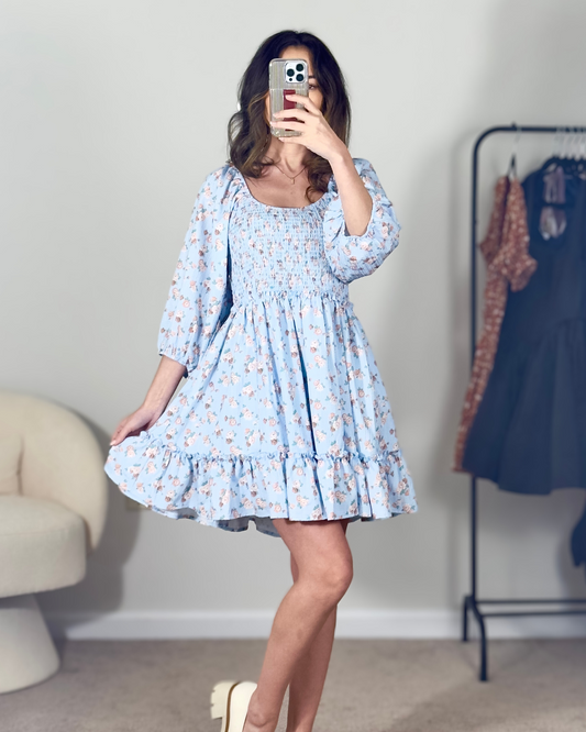 m, xl | new with tags altar'd state blue floral smocked puff sleeved mini dress