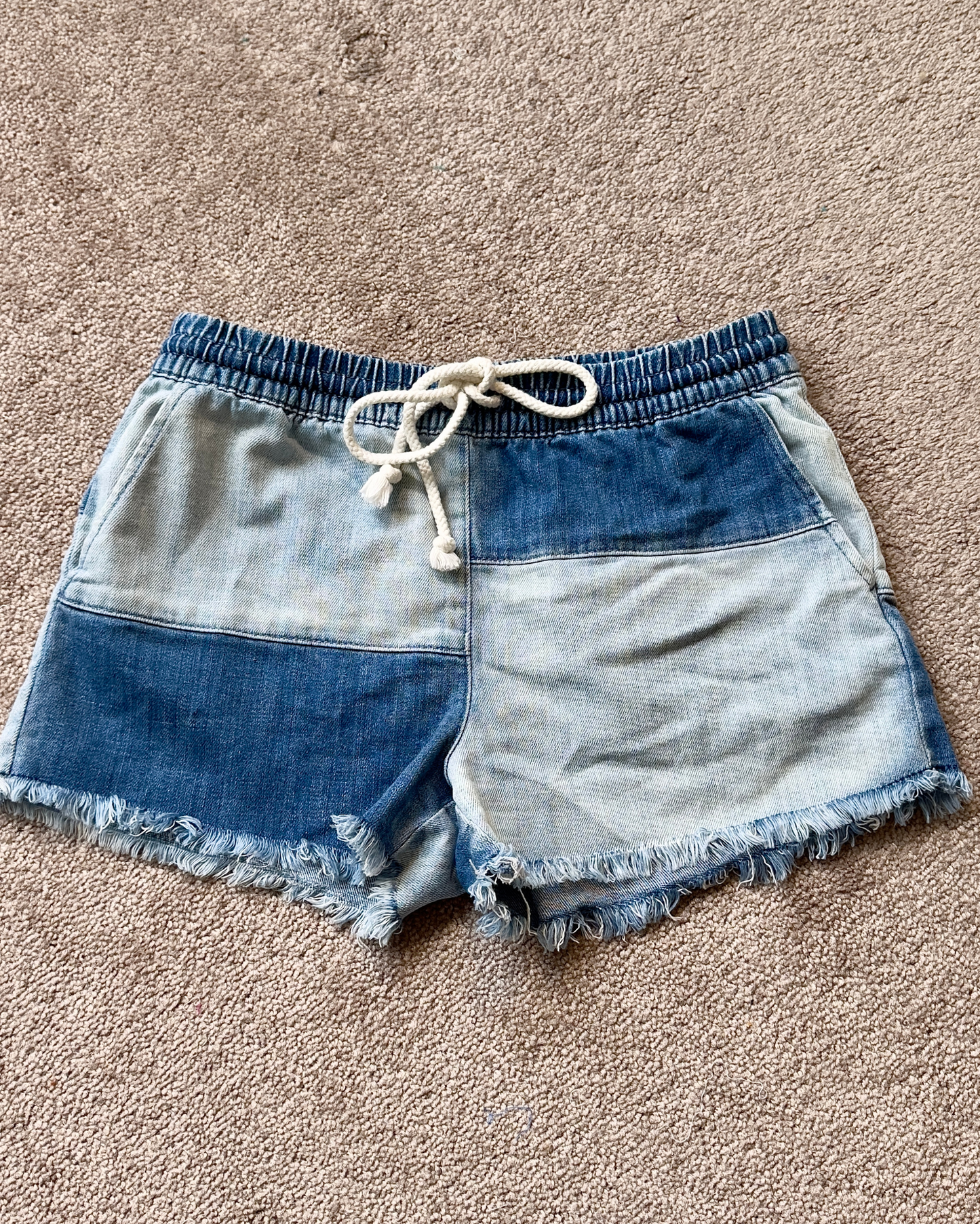 xs | aerie patchwork chambray denim tie waist shorts