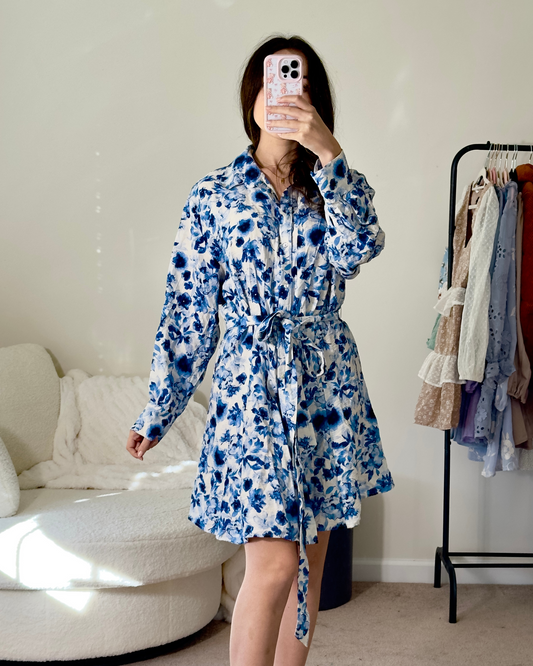 l | h&m floral patterned button down belted dress