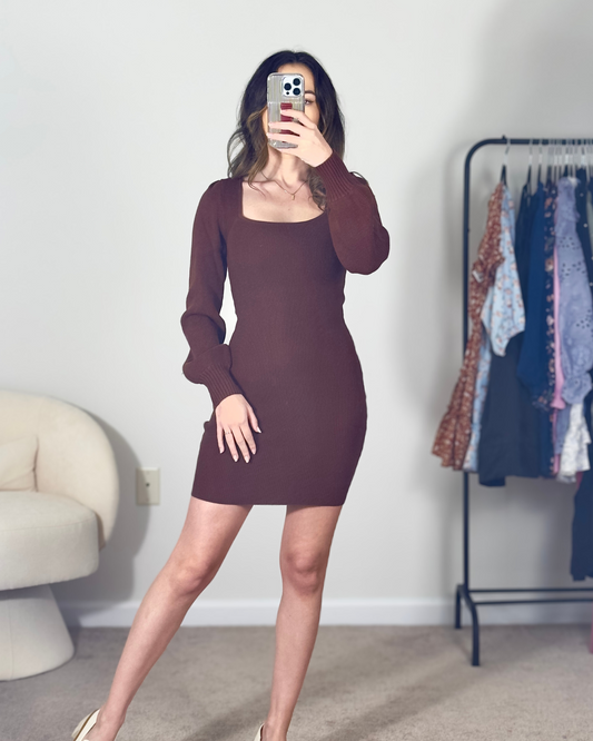 xs, s, m, l, xl | new with tags francesca's balloon sleeve chocolate brown ribbed dress