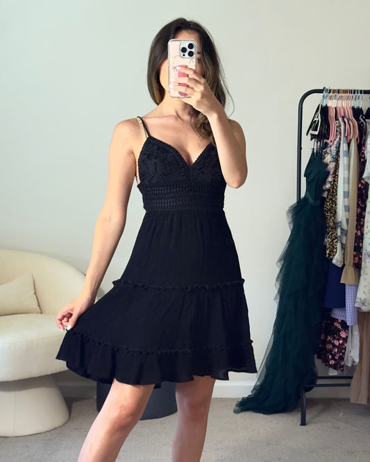 s | black crochet bust bow tie open back mini dress