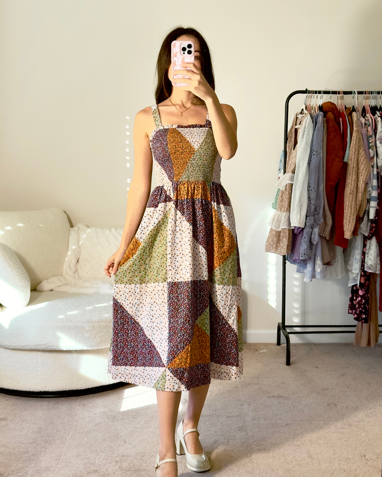 XS | universal thread patchwork smocked midi dress