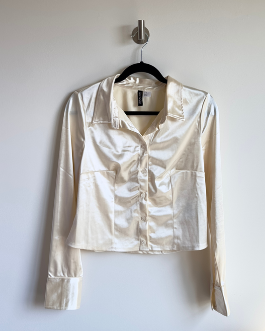 l | h&m satin cream button down blouse