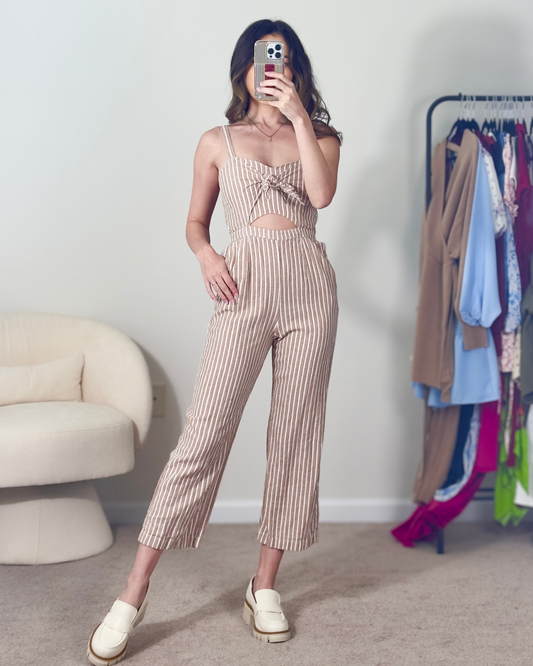 xs | abercrombie & fitch striped jumpsuit with smocked back and cutout