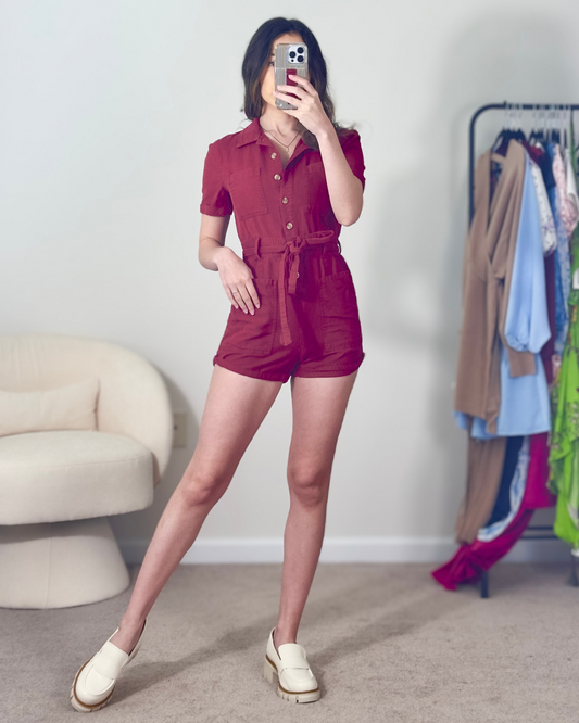 xs | urban outfitters burgundy utility romper