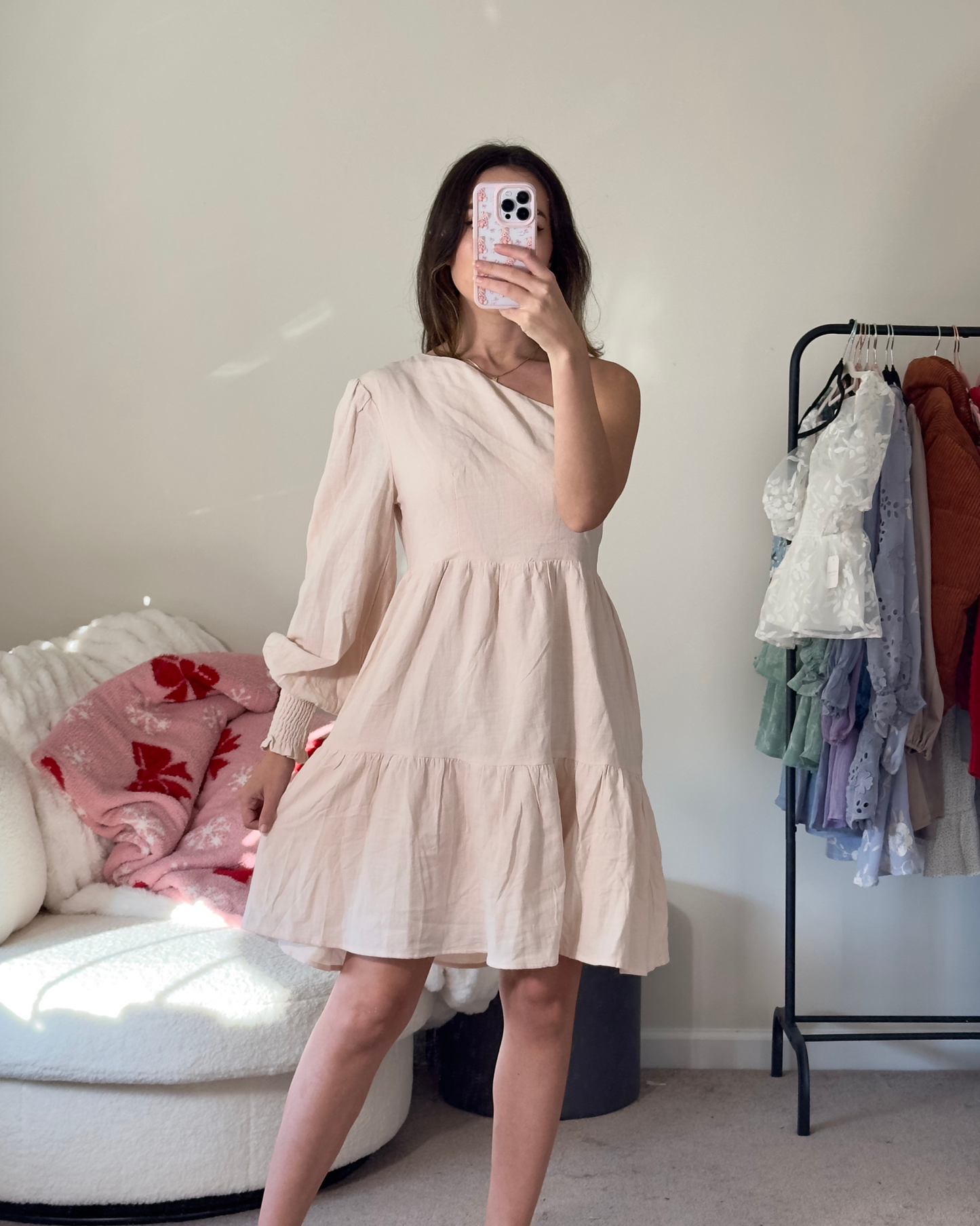 m | new with tags neutral asymmetrical mini dress