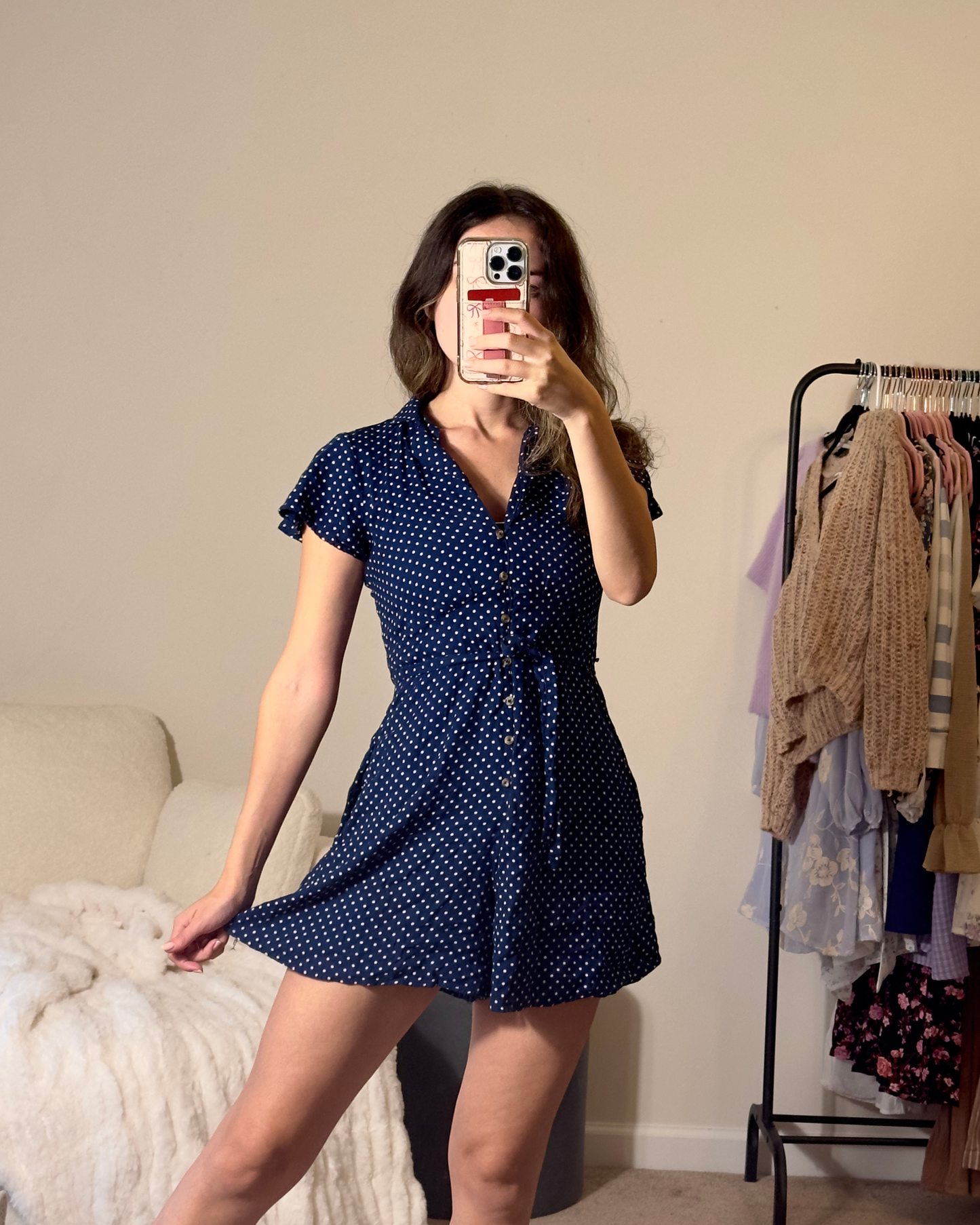 XS | american eagle navy and white polka dot romper with pockets