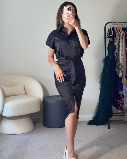 s | new with tags boutique satin black button down midi dress