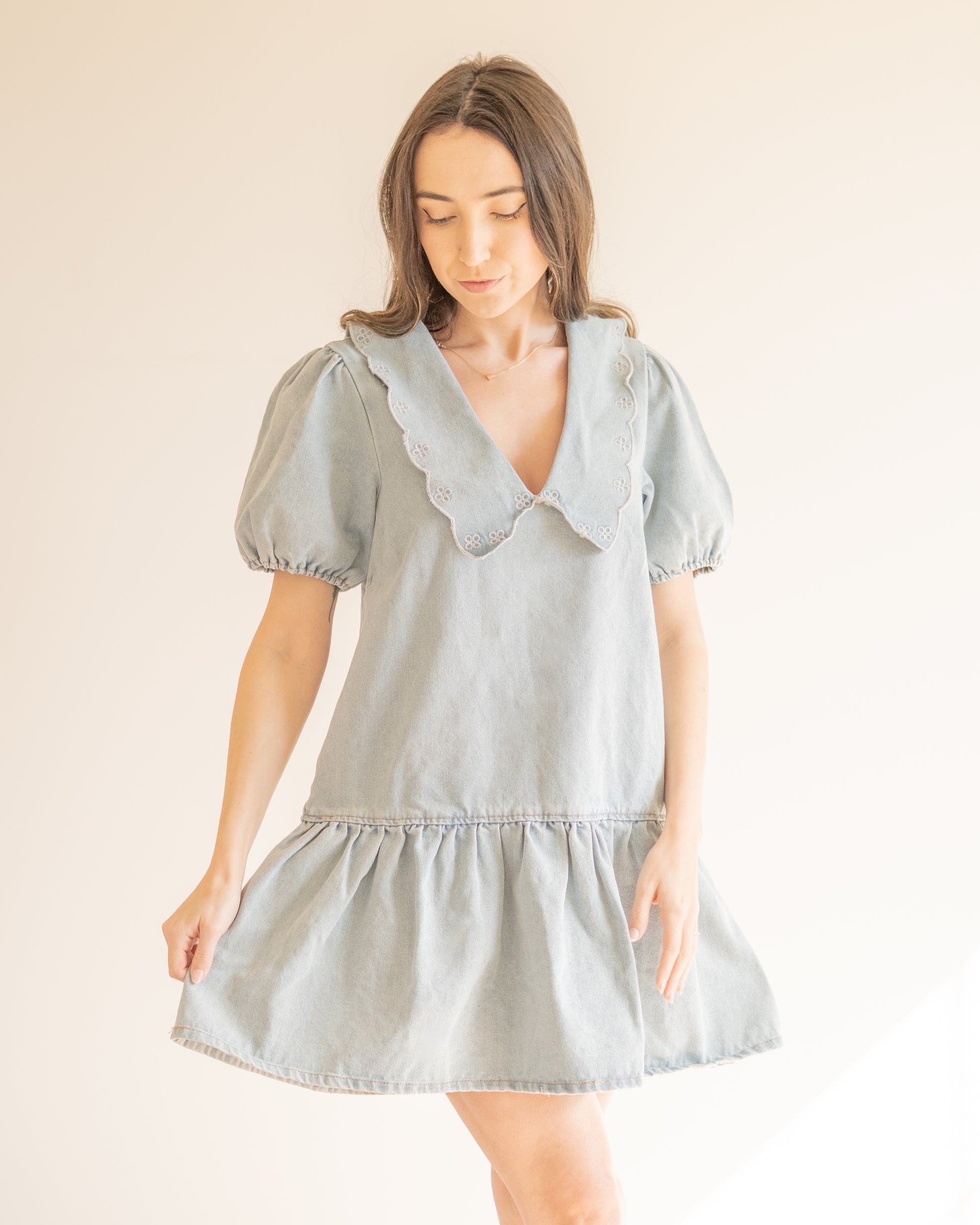Dolly Puff Sleeve Collared Denim Dress Rye Bell Dolly Puff Sleeve Collared Denim Dress Rye Bell