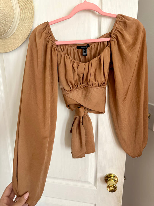 s | forever 21 camel colour tie bow blouse