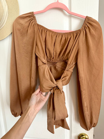 s | forever 21 camel colour tie bow blouse