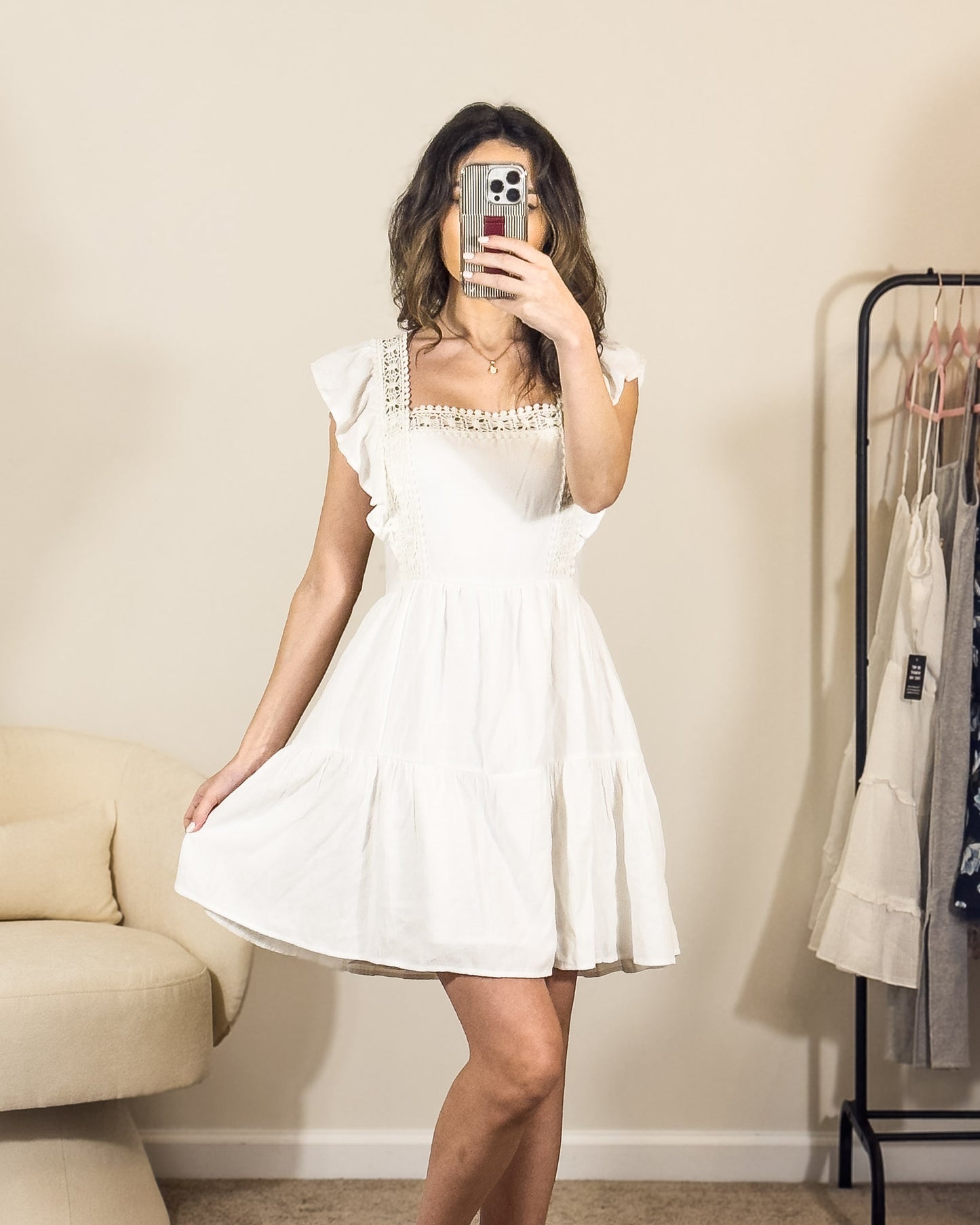 s | white eyelet accent flutter sleeve dress