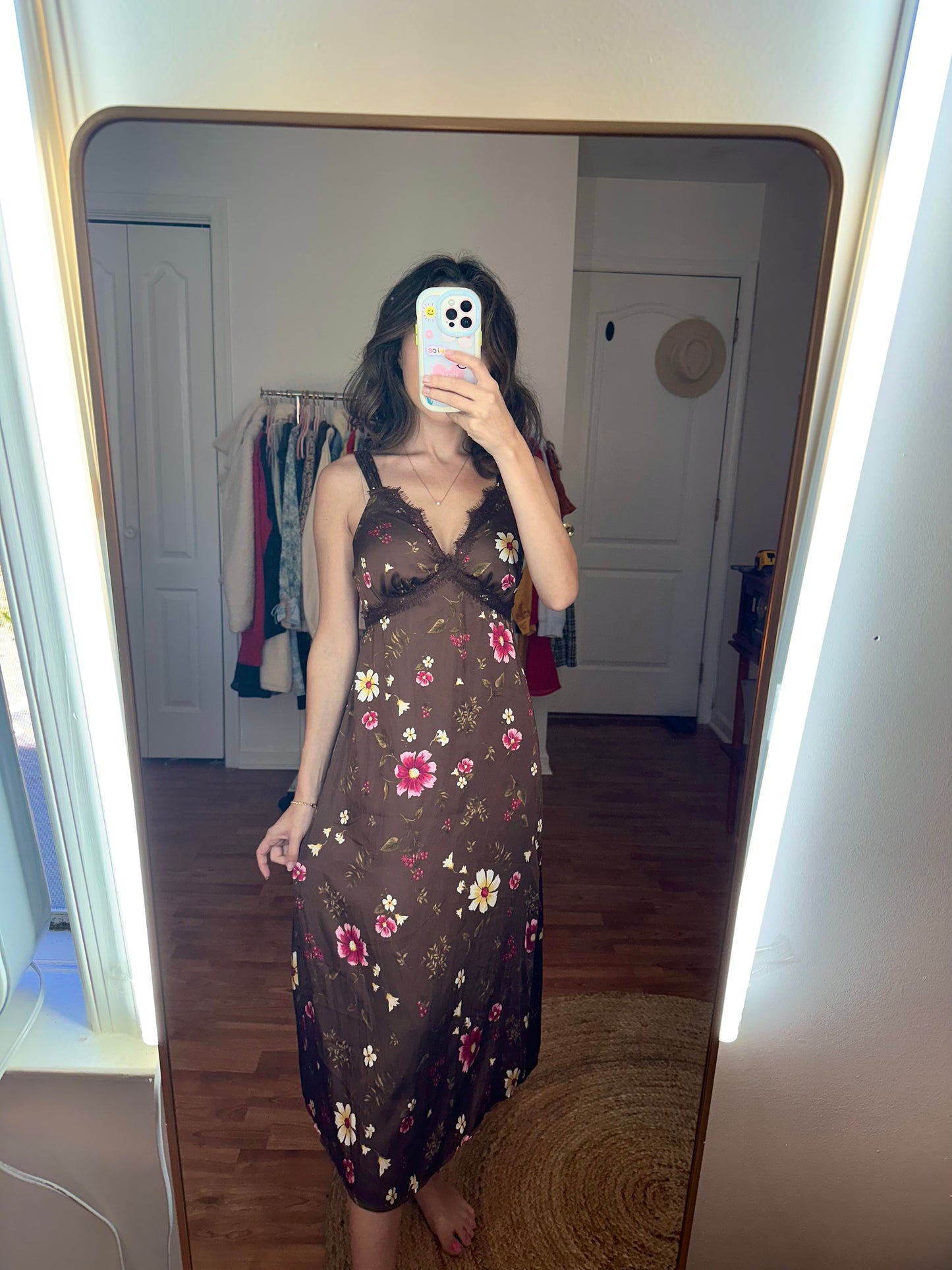 xs | new with tags brown floral midi dress with lace accents