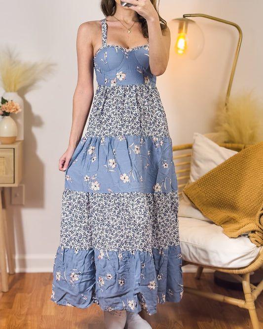 s & m | blue boho bustier maxi dress