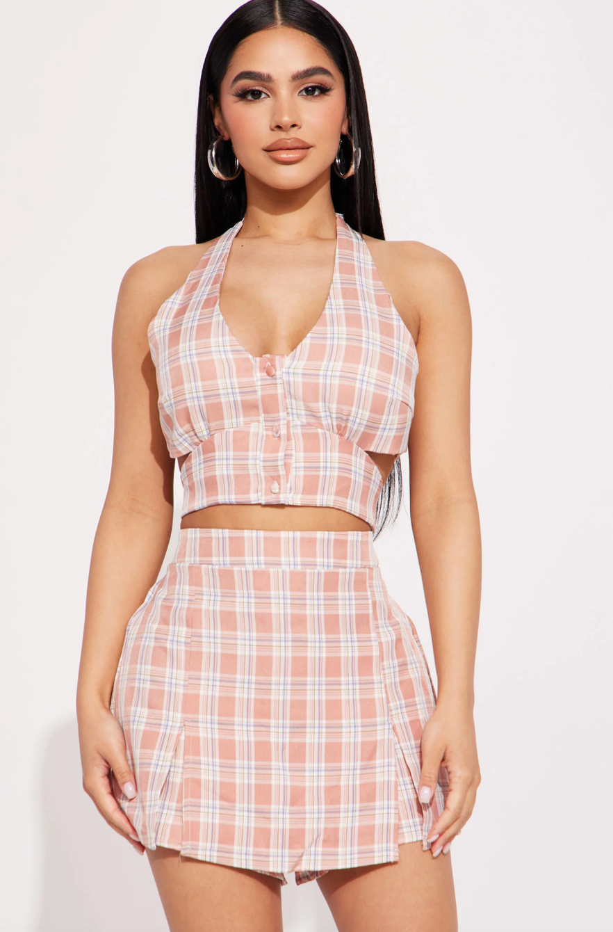 s & m | new plaid tie back skort set (pink)