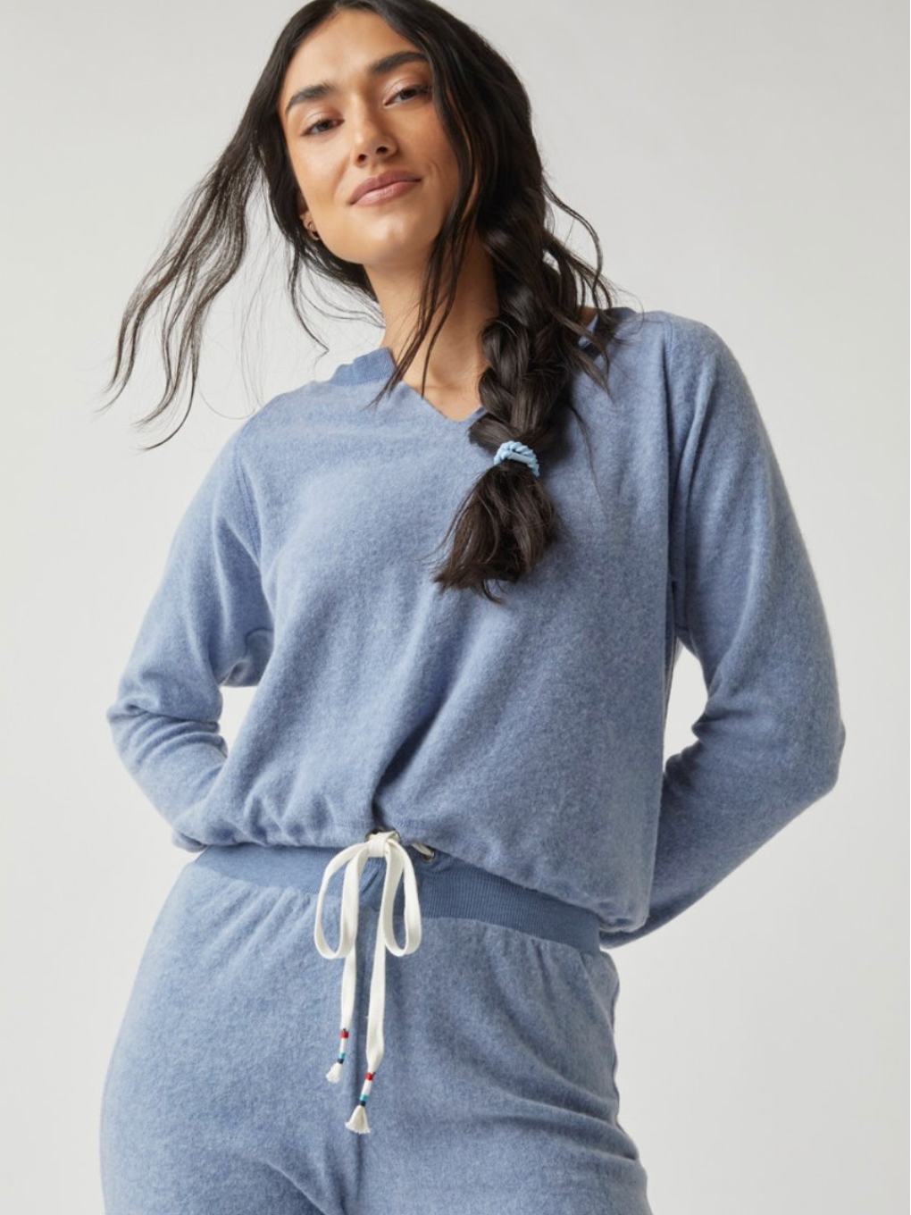 m | new with tags francesca's soft blue tie front cinched lightweight pullover