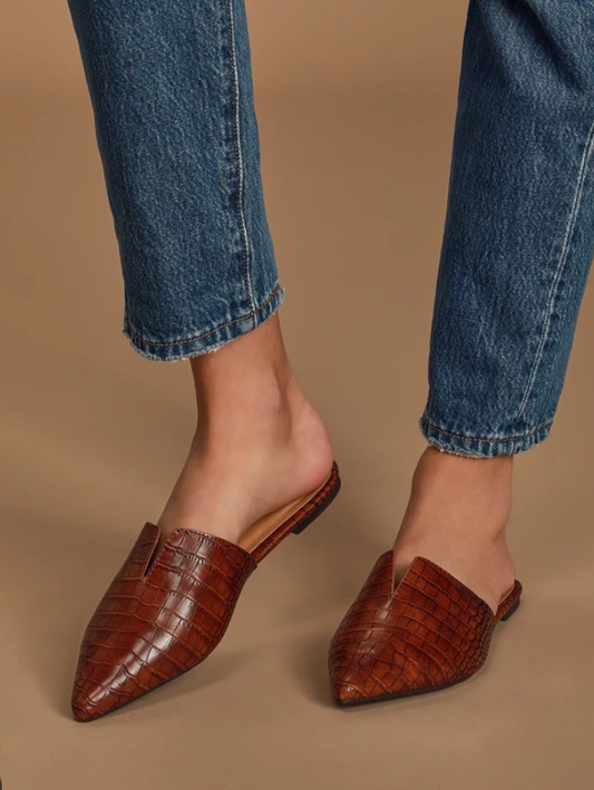 size 6.5 | lulu's brown croc embossed mules