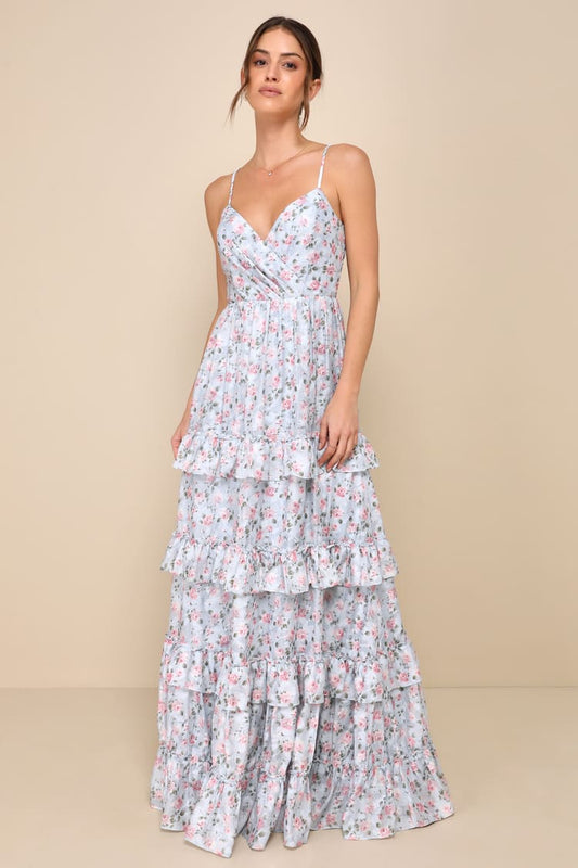 m | new with tags lulu's blue floral tiered ruffle maxi dress